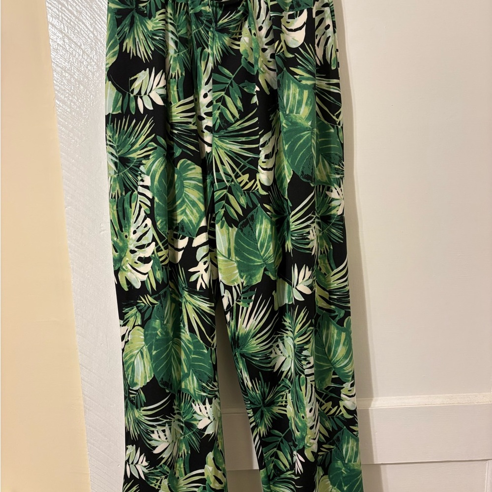 Tropical Leaf Print Wide-Leg Pants - Green Black